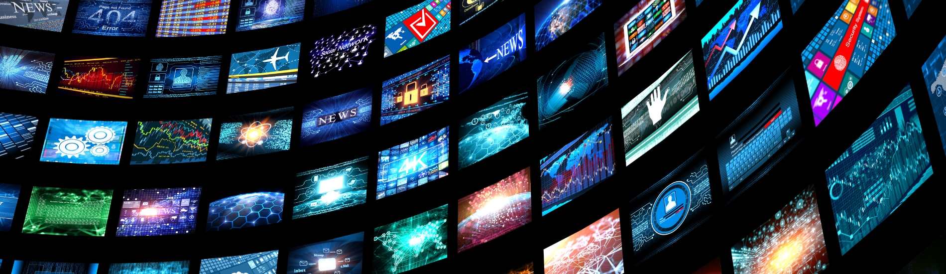 Abstract image of wall of video screens showing news and other media content
